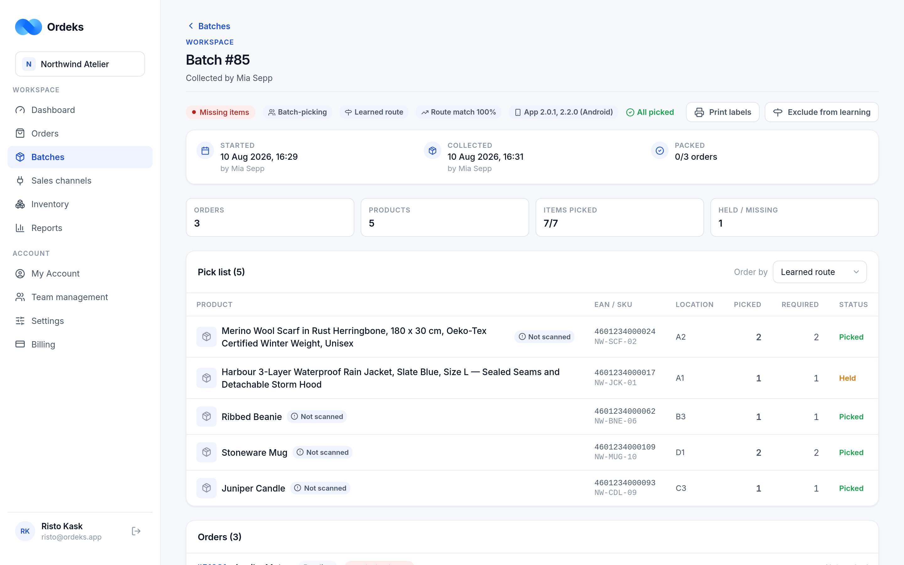A batch detail page listing the products to pick in route order, with the batch's route match percentage.